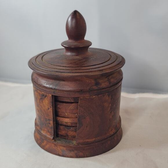 Vintage THUYA BURL Rare WOOD Coaster 11 Coasters in Lidded Caddy